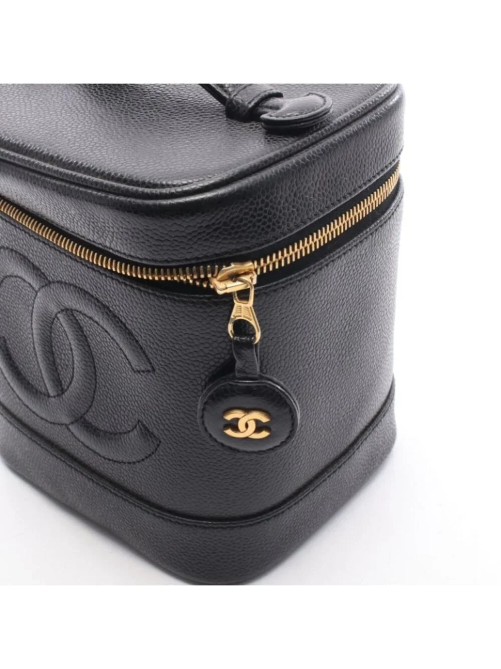 Chanel Handbag CC Logo Black Caviar Leather Quilted Vertical Vanity Bag